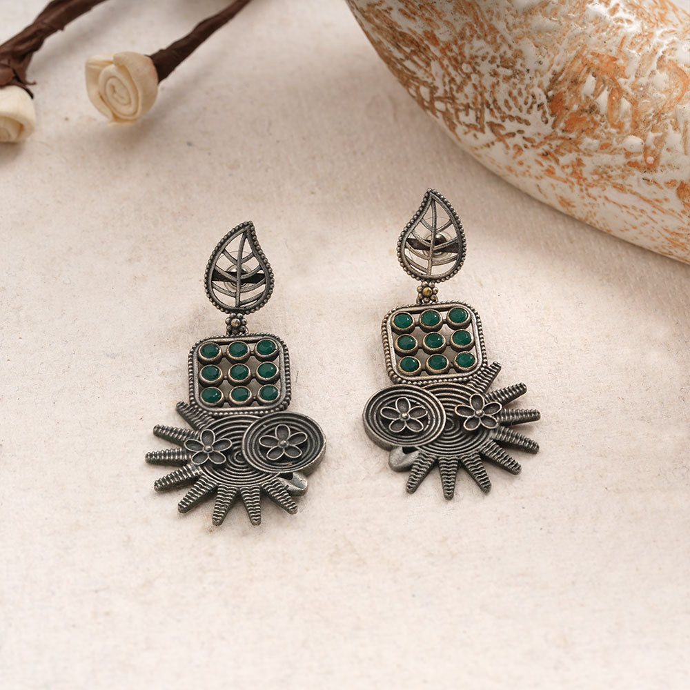 Pallavi – Silver Brass Oxidised Dangler Earrings (Green)