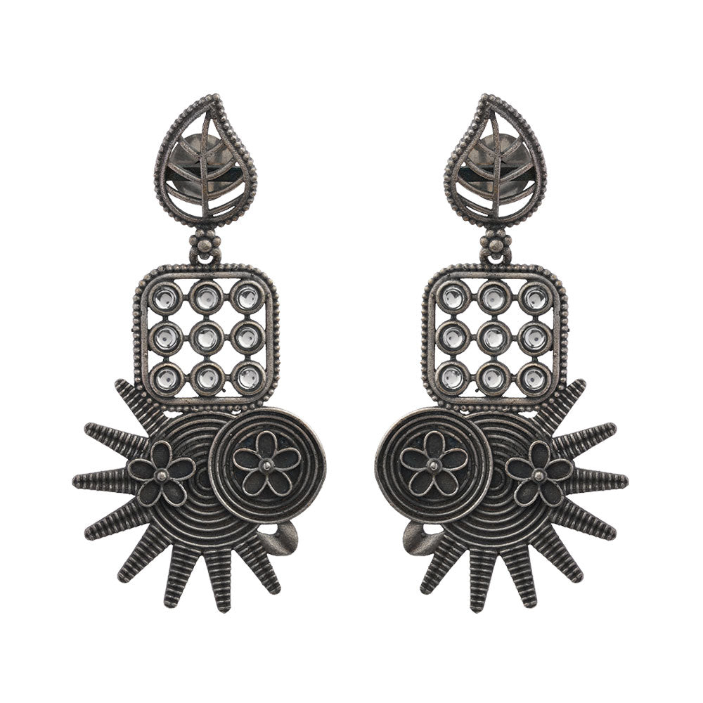 Pallavi – Silver Brass Oxidised Dangler Earrings ( White )