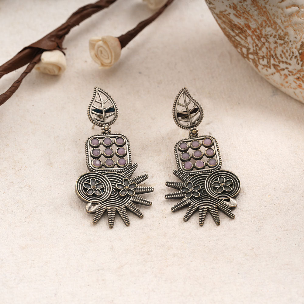 Pallavi – Silver Brass Oxidised Dangler Earrings (pink)