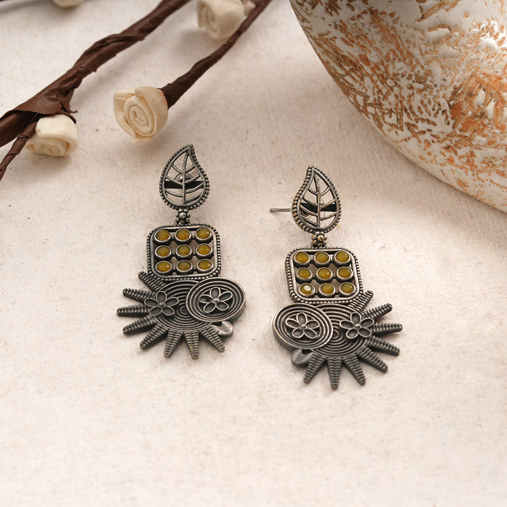 Pallavi – Silver Brass Oxidised Dangler Earrings (yellow)