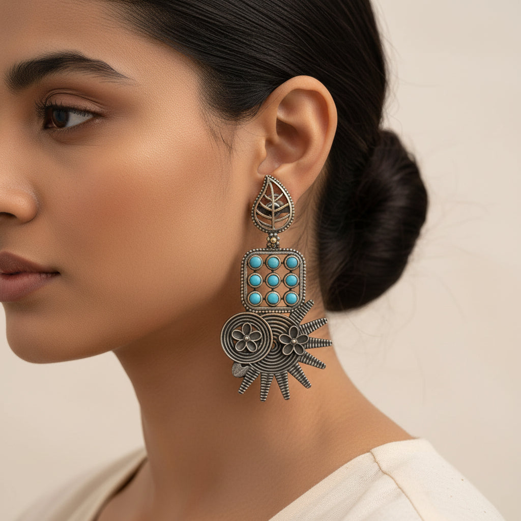 Pallavi – Silver Brass Oxidised Dangler Earrings (sky bkue)
