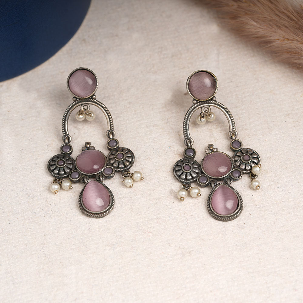 Rasdhara – Silver Brass Oxidised Dangler Earrings (Baby Pink)