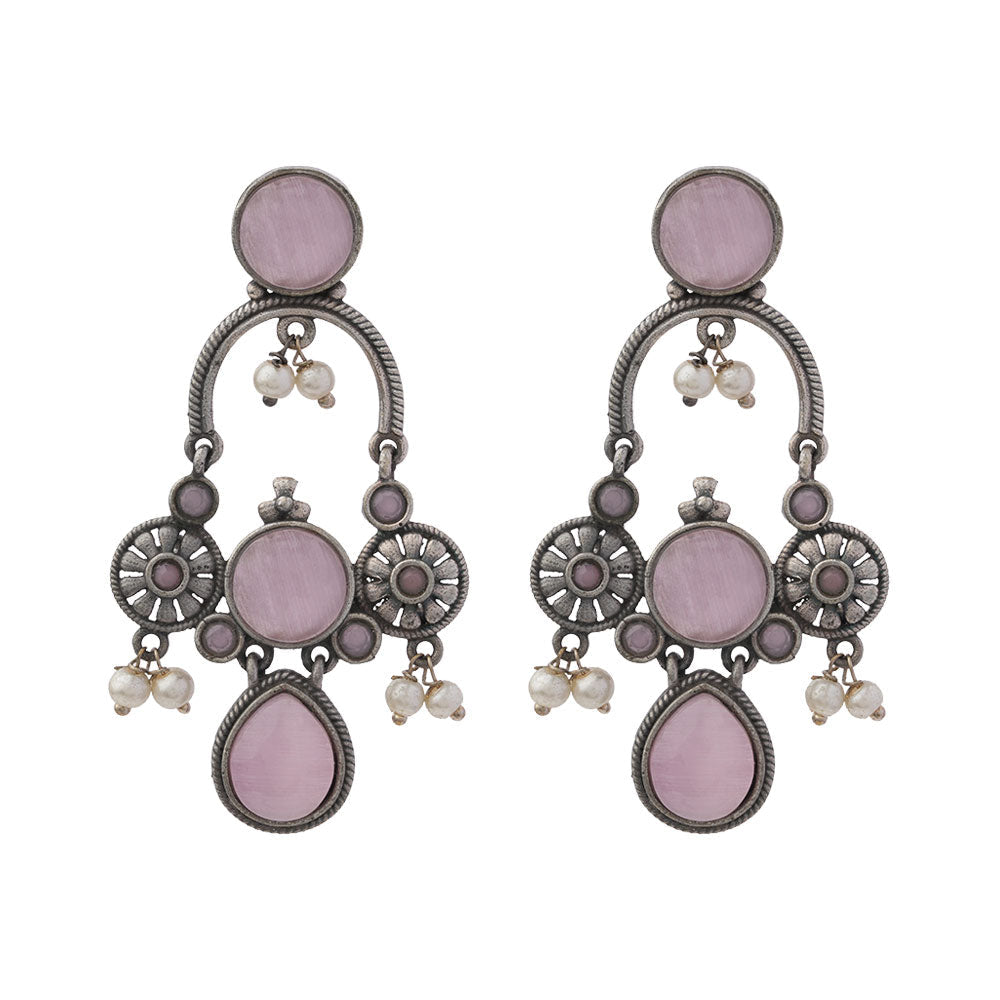 Rasdhara – Silver Brass Oxidised Dangler Earrings (Baby Pink)
