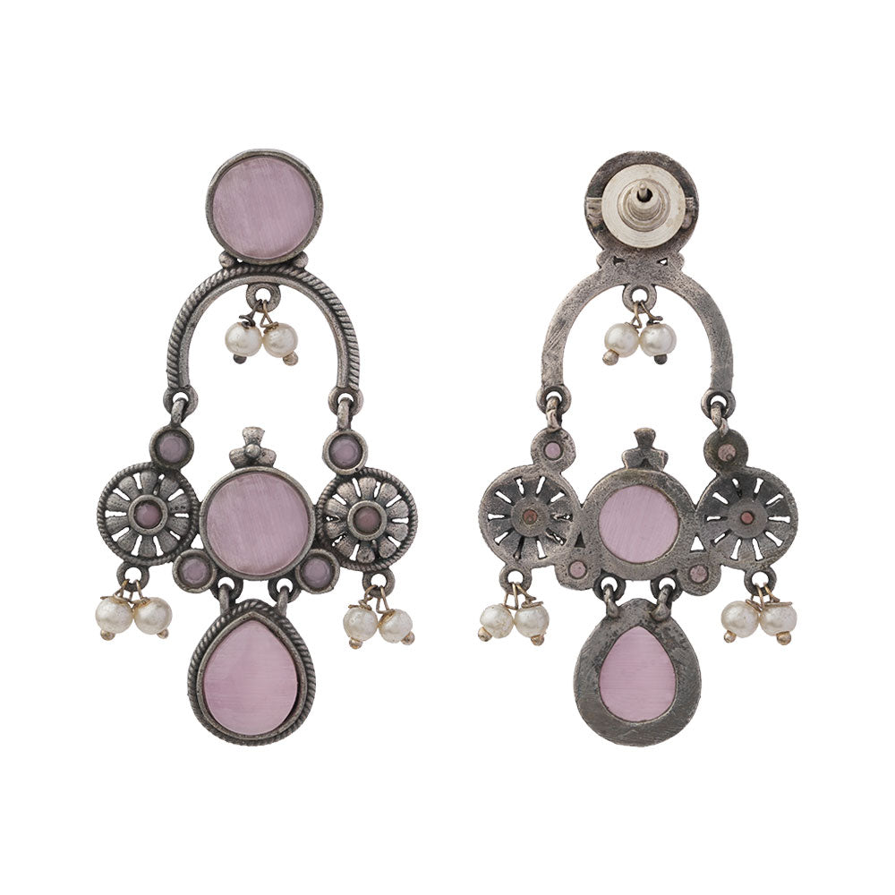 Rasdhara – Silver Brass Oxidised Dangler Earrings (Baby Pink)