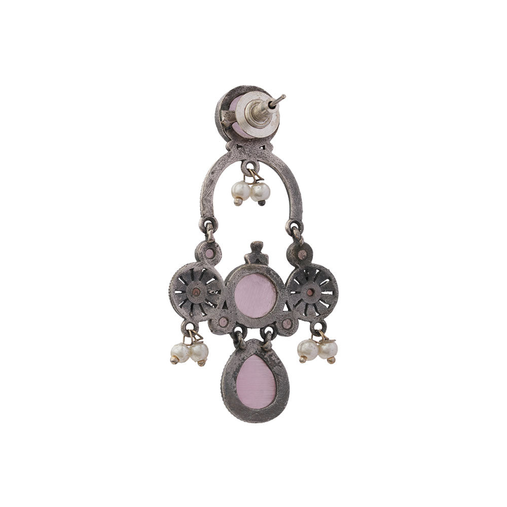 Rasdhara – Silver Brass Oxidised Dangler Earrings (Baby Pink)