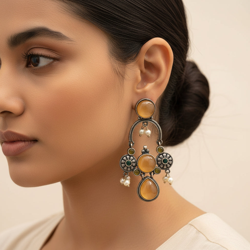 Rasdhara – Silver Brass Oxidised Dangler Earrings (yellow)
