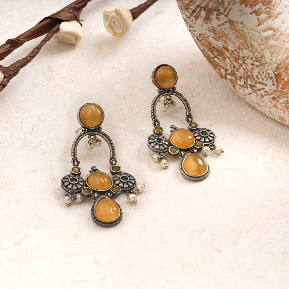 Rasdhara – Silver Brass Oxidised Dangler Earrings (yellow)