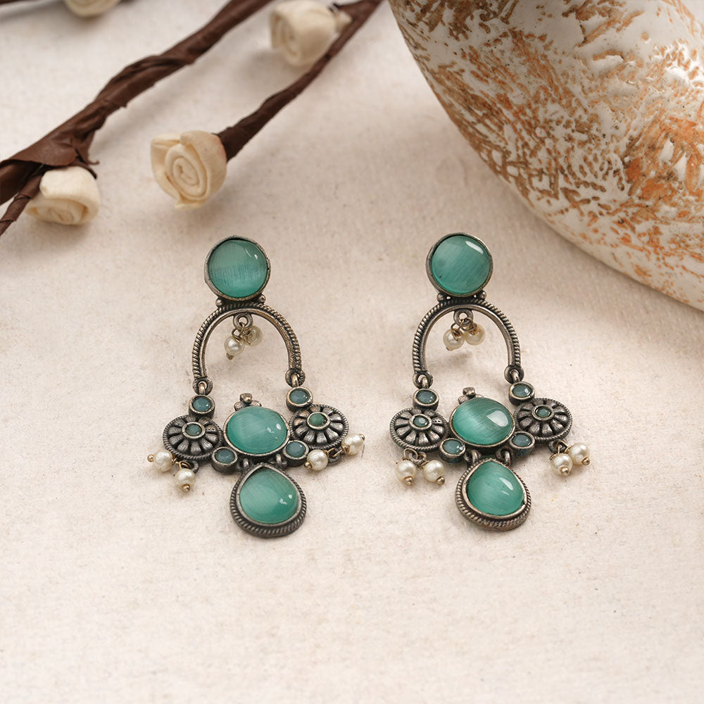 Rasdhara – Silver Brass Oxidised Dangler Earrings (mint)