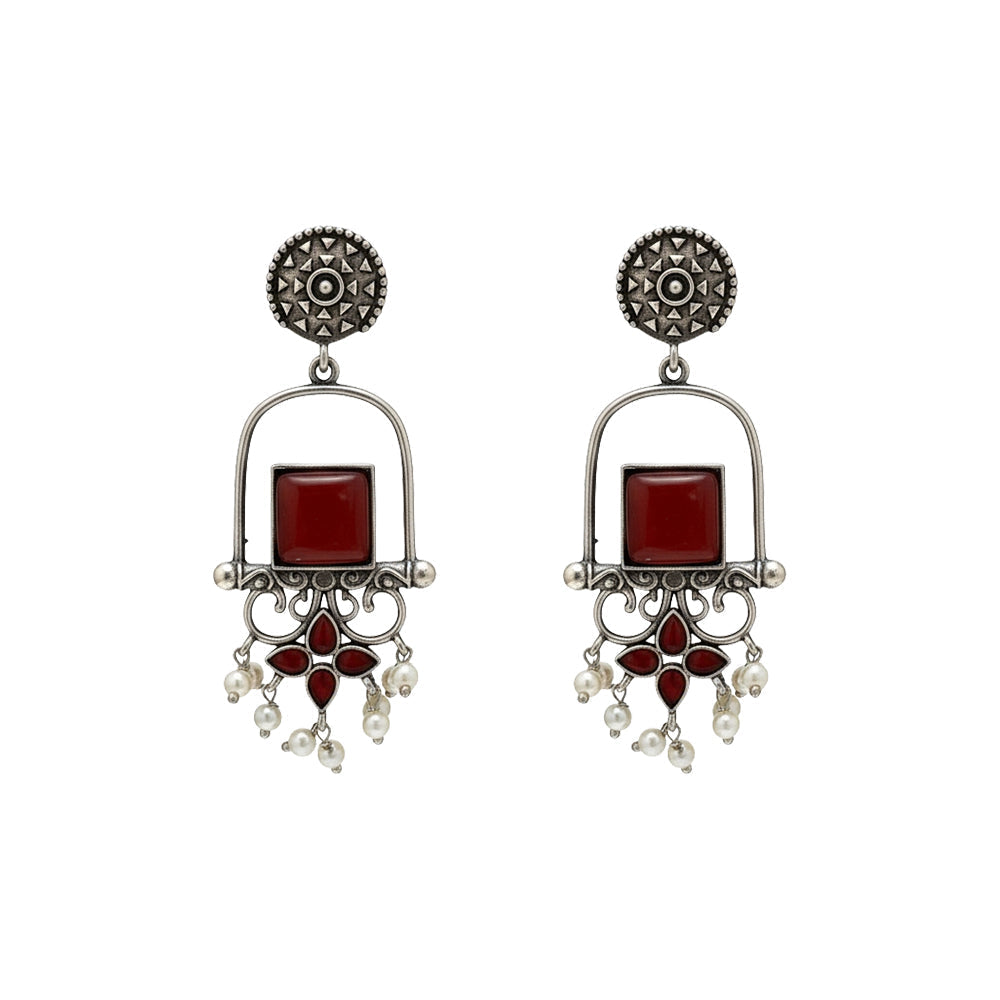 Meherab- Silver Brass Oxidised Stone-Studded Dngler Earrings (Red)