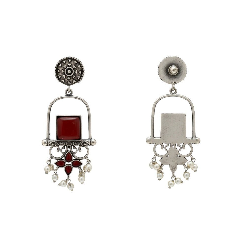 Meherab- Silver Brass Oxidised Stone-Studded Dngler Earrings (Red)