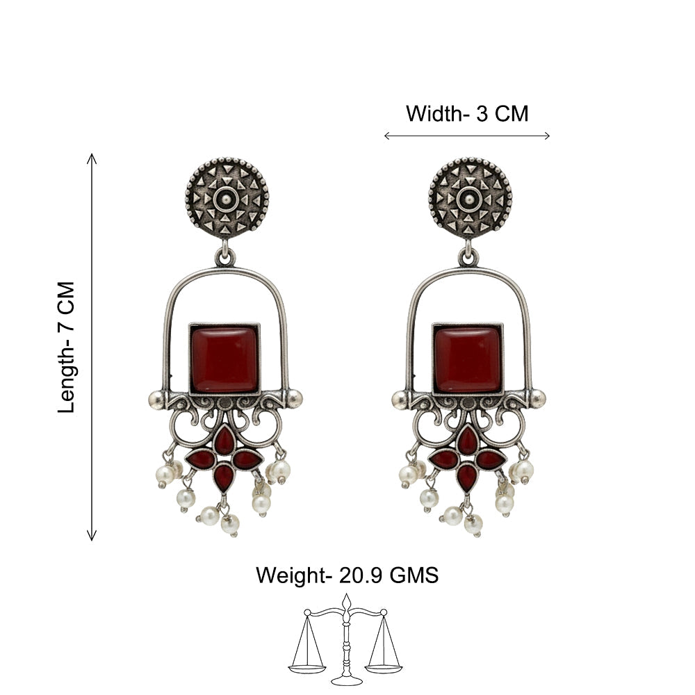 Meherab- Silver Brass Oxidised Stone-Studded Dngler Earrings (Red)