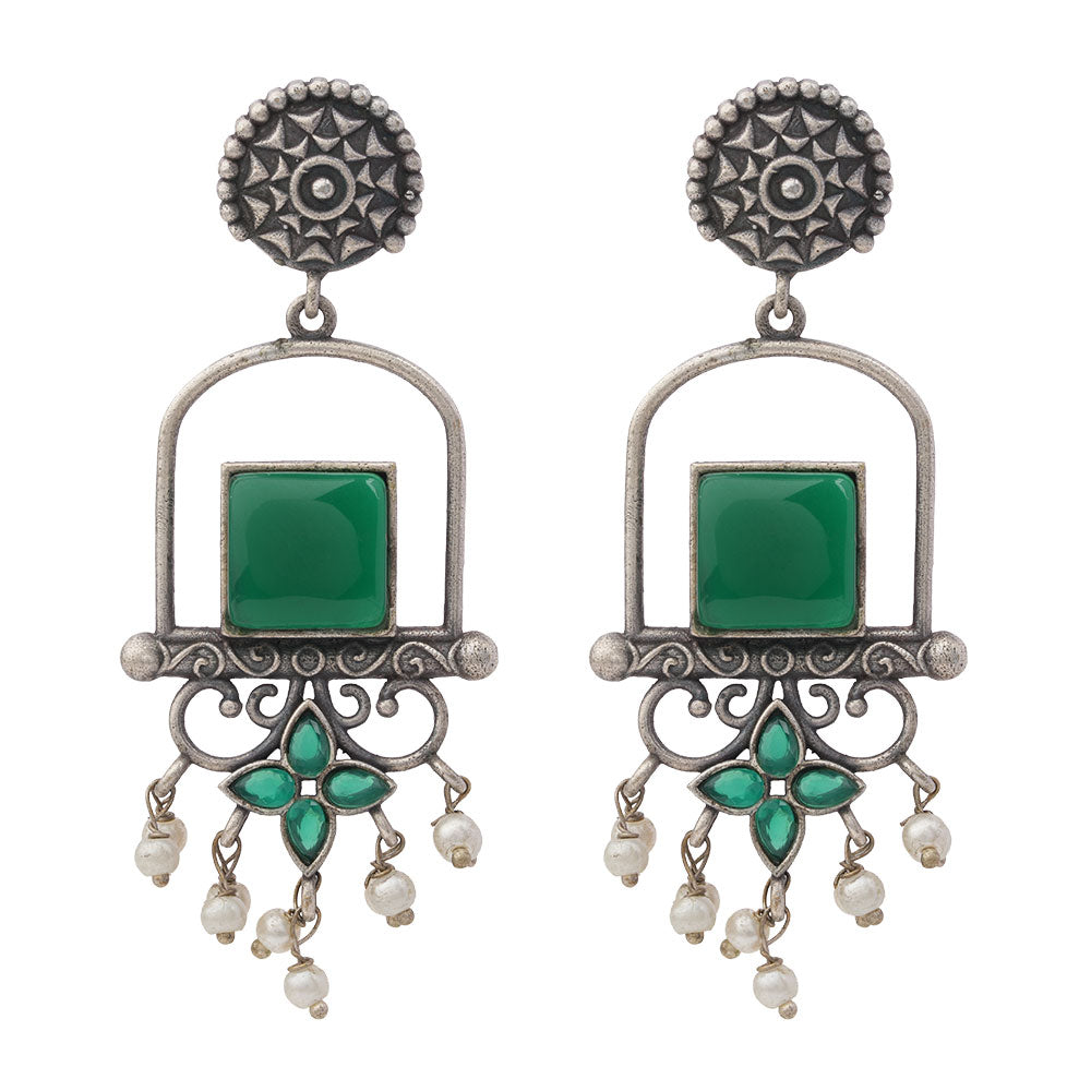 Meherab- Silver Brass Oxidised Stone-Studded Dngler Earrings (Green)