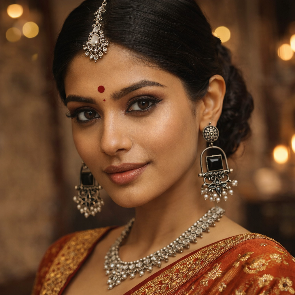 Meherab- Silver Brass Oxidised Stone-Studded Dngler Earrings (Black)
