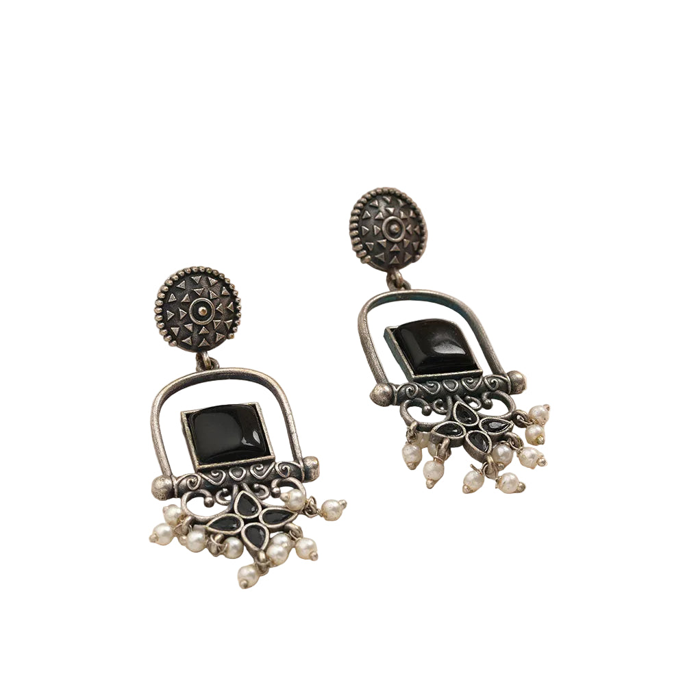 Meherab- Silver Brass Oxidised Stone-Studded Dngler Earrings (Black)