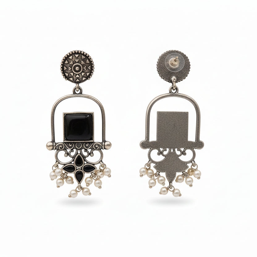 Meherab- Silver Brass Oxidised Stone-Studded Dngler Earrings (Black)