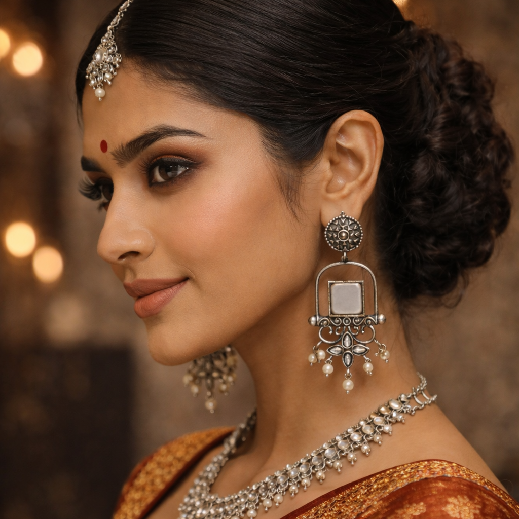 Meherab- Silver Brass Oxidised Stone-Studded Dngler Earrings (Grey)
