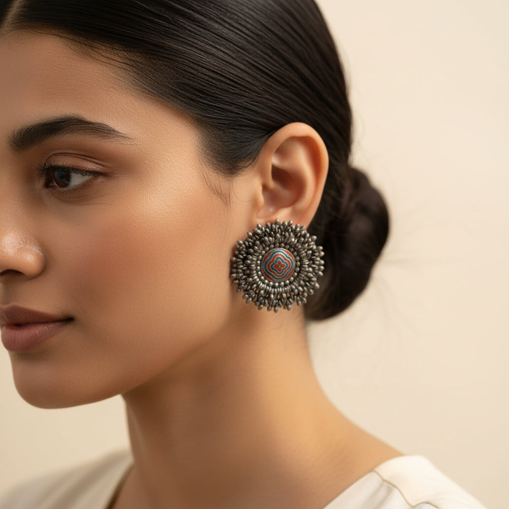 Urmila- Silver Stud Earrings (Red)