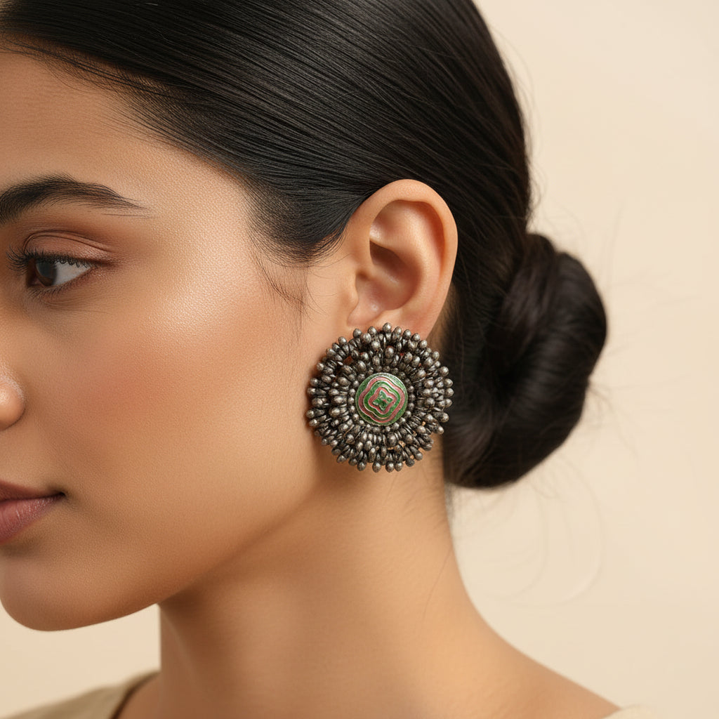 Urmila- Silver Stud Earrings (Green)