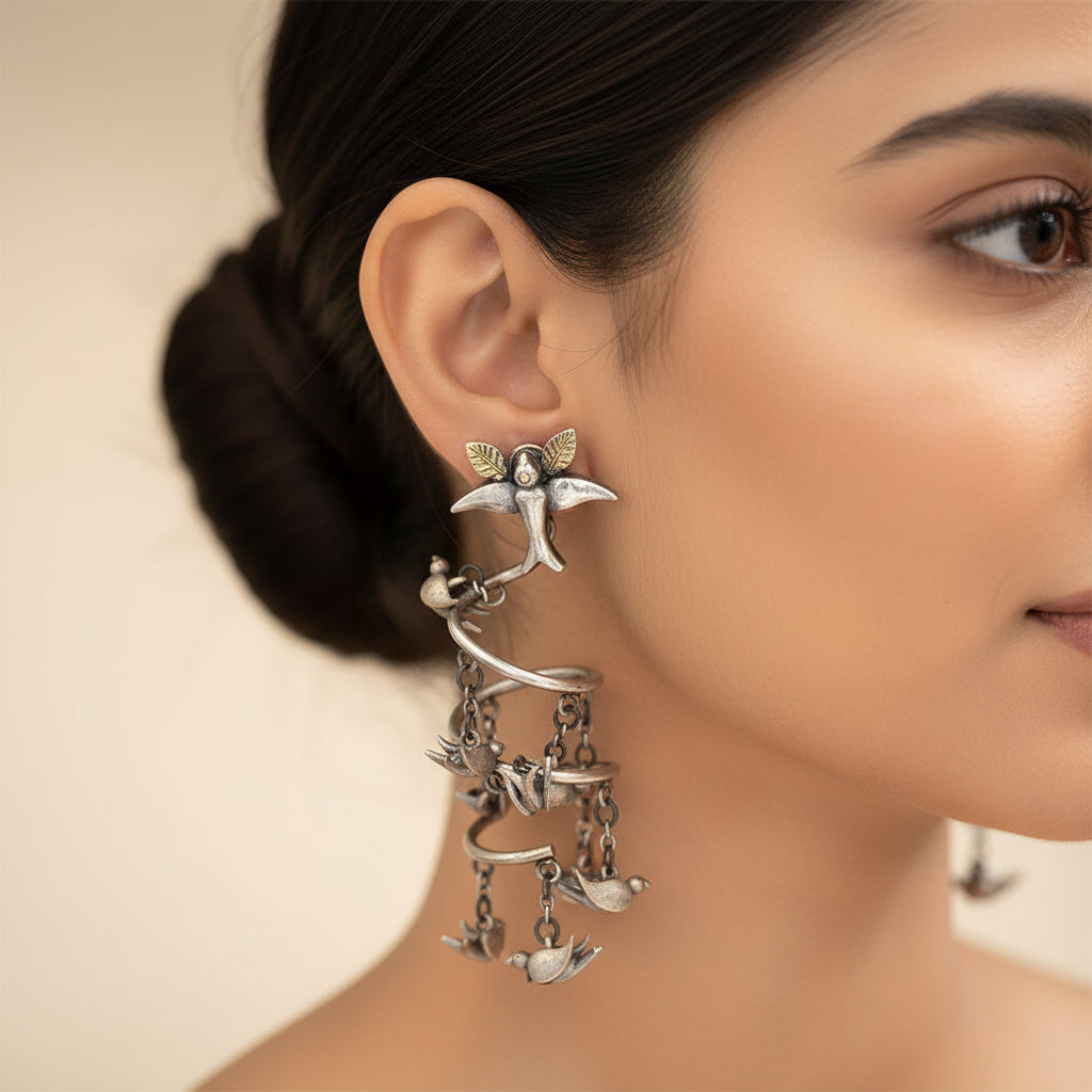 Dayita- Silver Charm Studded Dangler Earrings