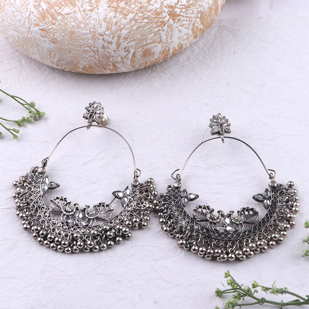 Rajsi - Silver Brass Oxidised Chandbali earrings (White)