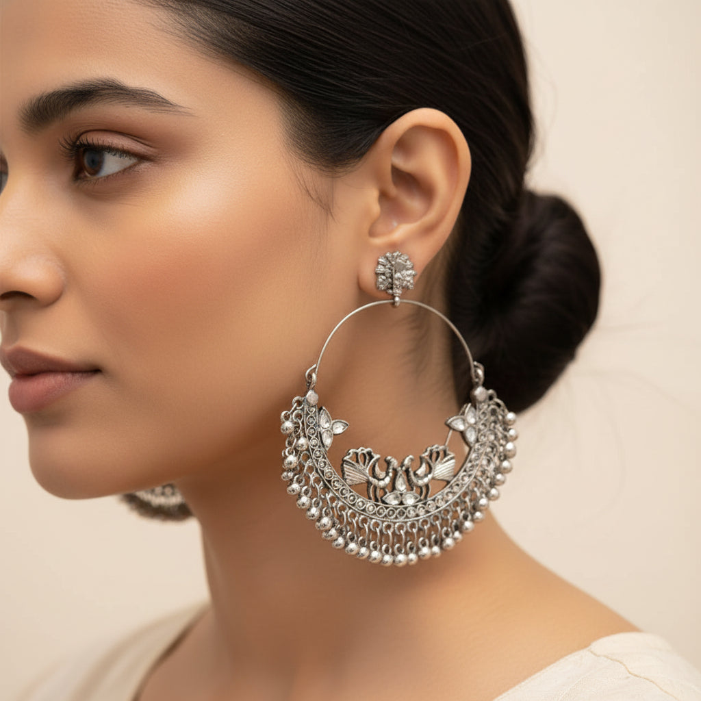 Rajsi - Silver Brass Oxidised Chandbali earrings (White)