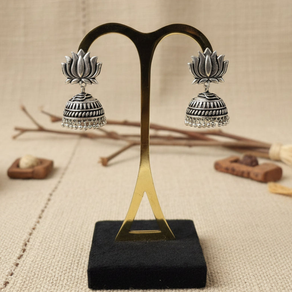 Jharokha- Silver Brass Oxidised Jhumka earrings