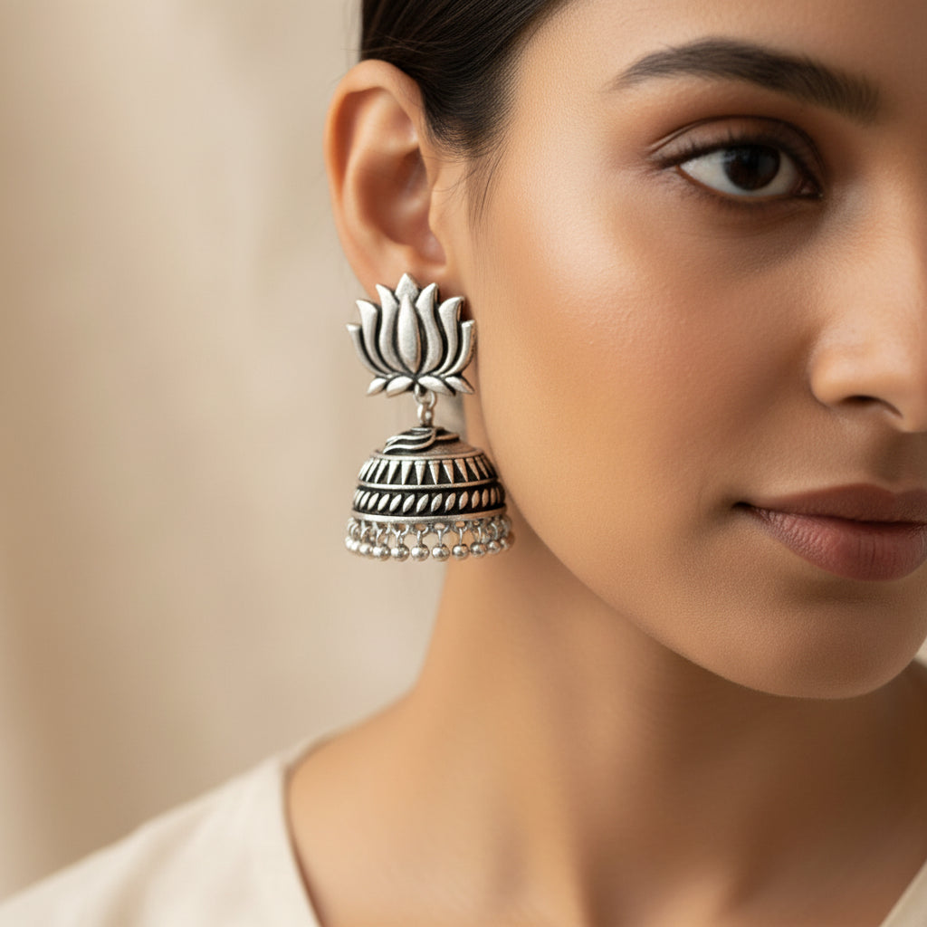 Jharokha- Silver Brass Oxidised Jhumka earrings