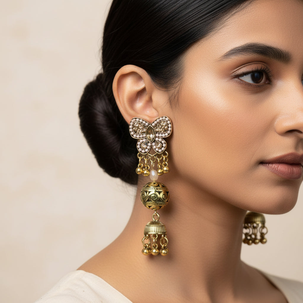 Butterfly loom- Pearl framed jhumka Earrings