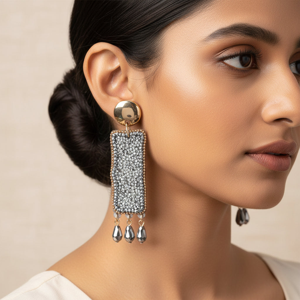 Star Weave- Stone studded Dangler earrings(Silver)