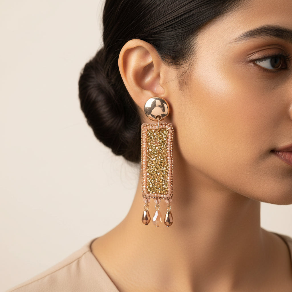 Star Weave- Stone studded Dangler earrings(Golden)