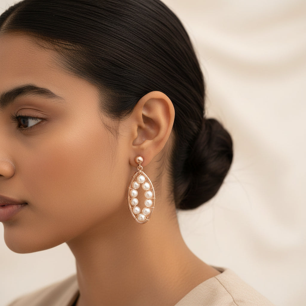 Golden Weave- Golden framed pearly dangler earrings