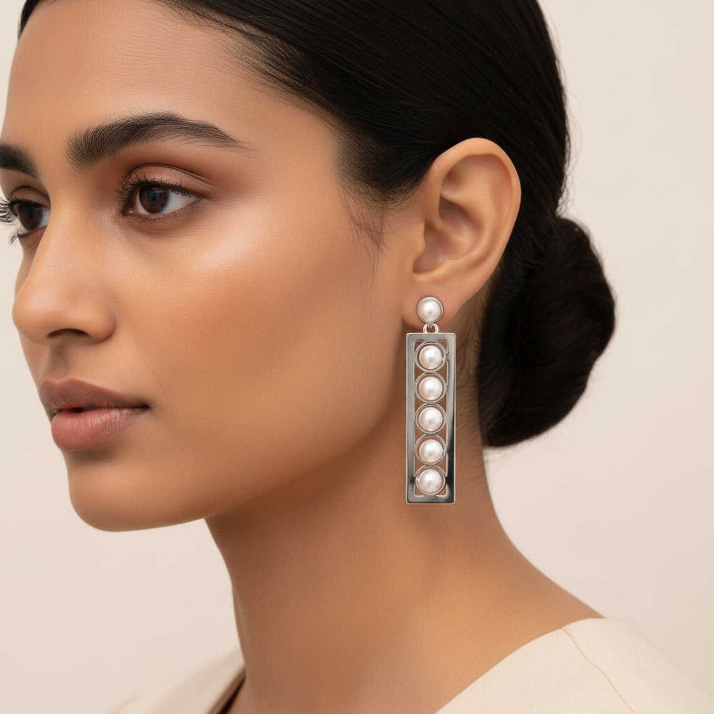 Raw Rectangle- Pearl studded dangler earrings