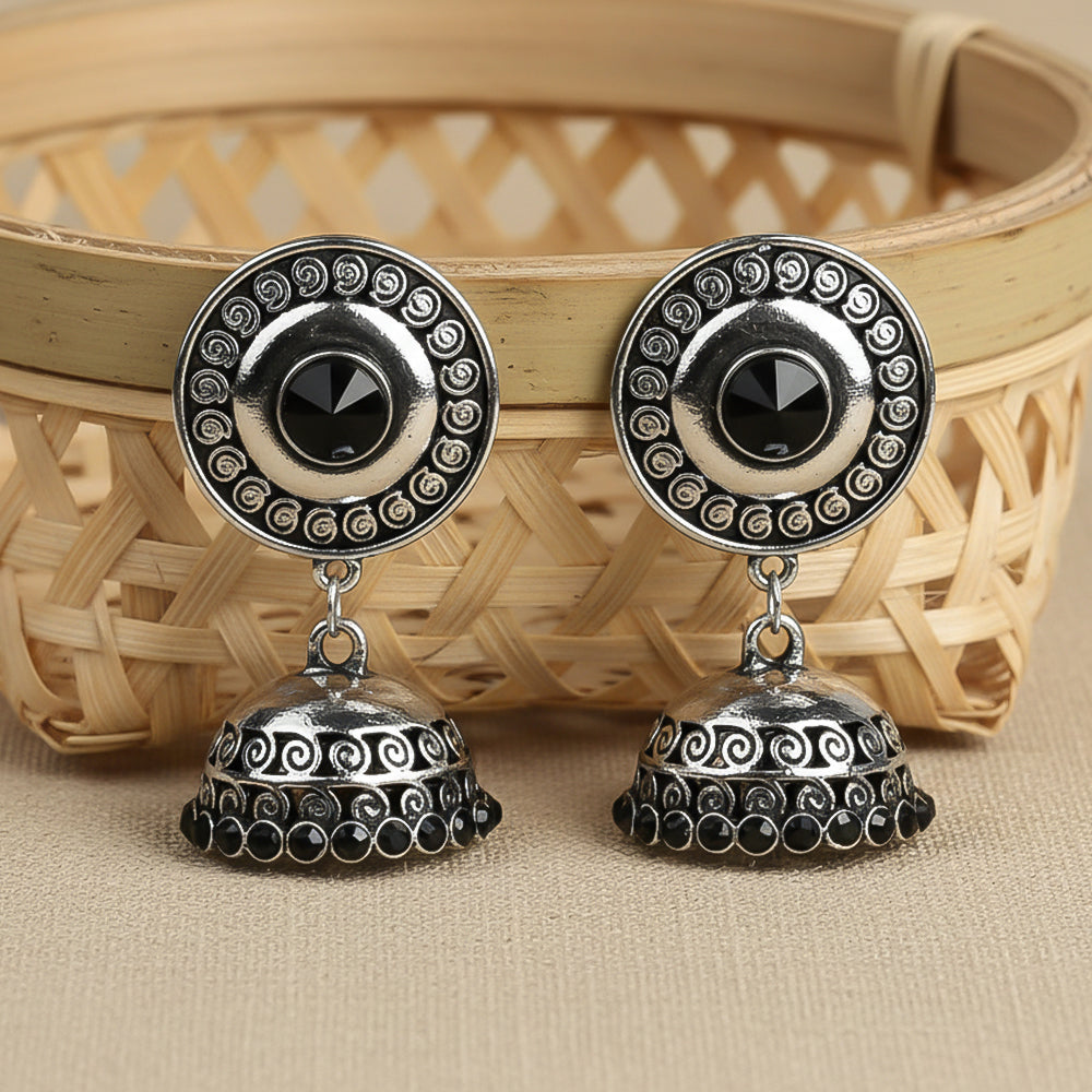Gilded Spark- Stone studded Oxidised Jhumka Earrings