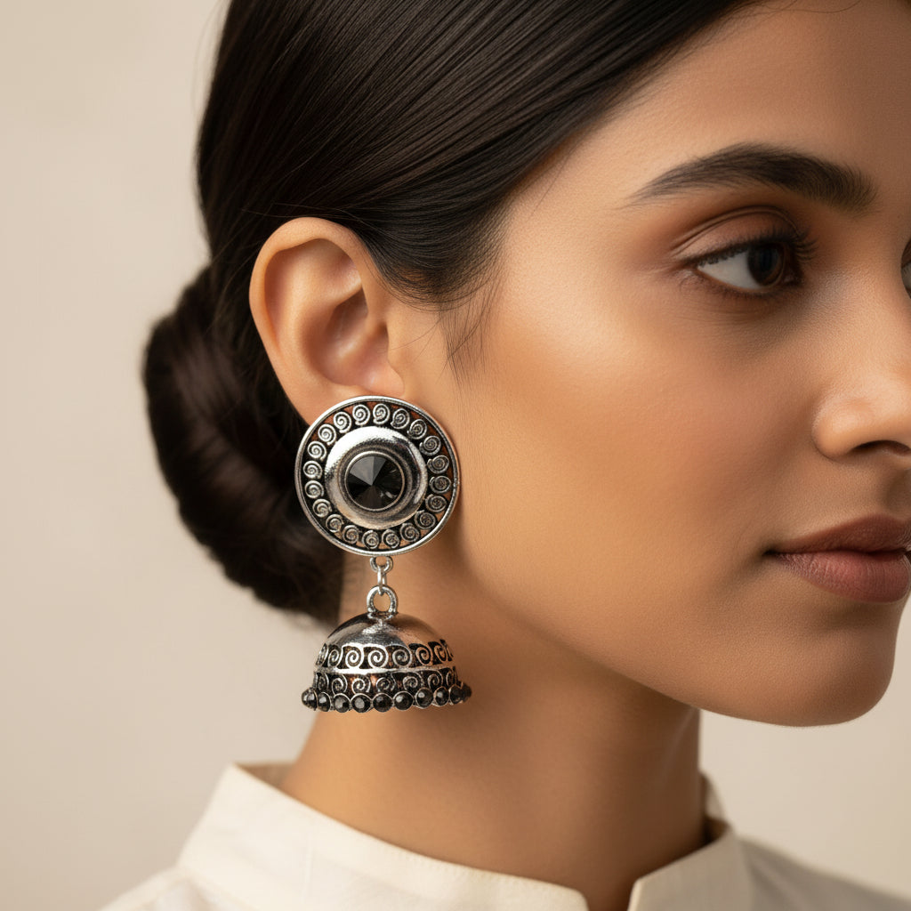 Gilded Spark- Stone studded Oxidised Jhumka Earrings
