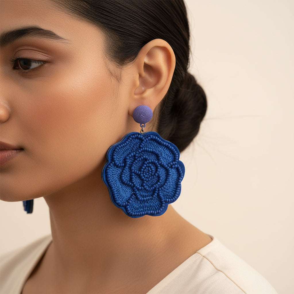 Beady Flower- Beaded rose dangler earrings(Blue)