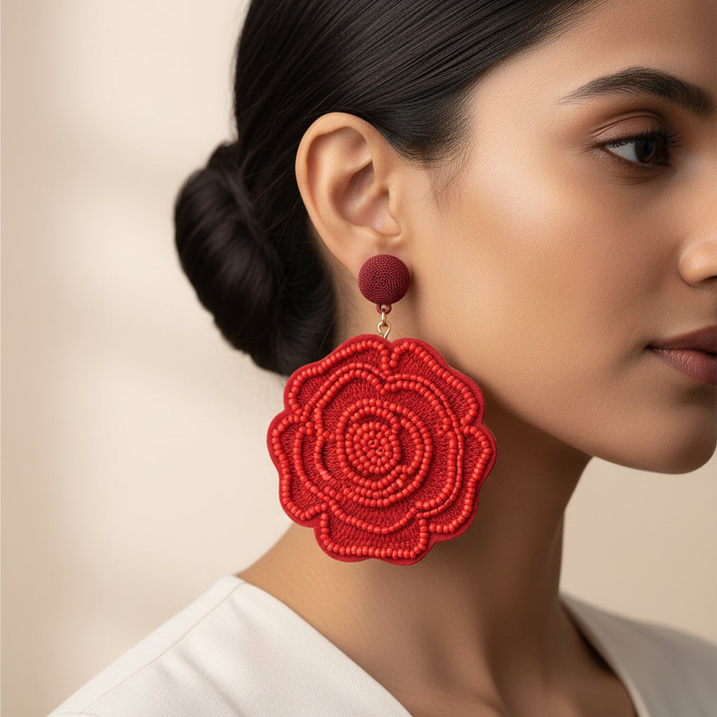Beady Flower- Beaded rose dangler earrings(Red)