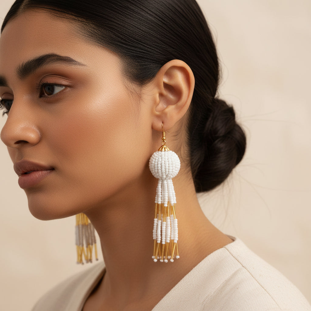 Beaded Ball- Bead studded dangler earrings (White)