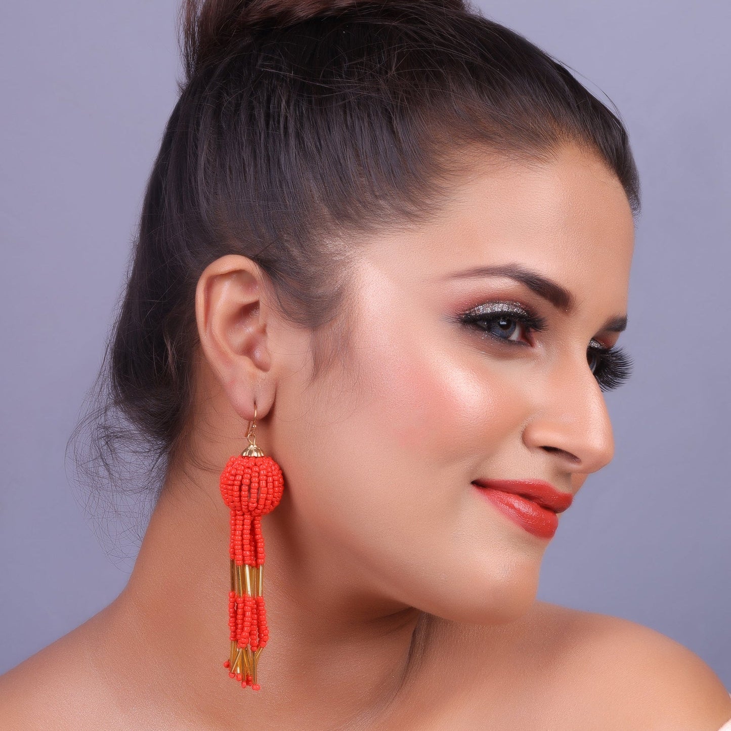 Beaded Ball- Bead studded dangler earrings (Red)