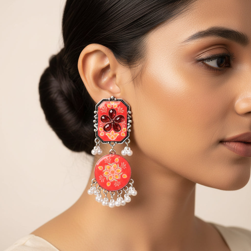 Whisper of Hue- Hand painted hanging pearl Dangler Earrings(Red)