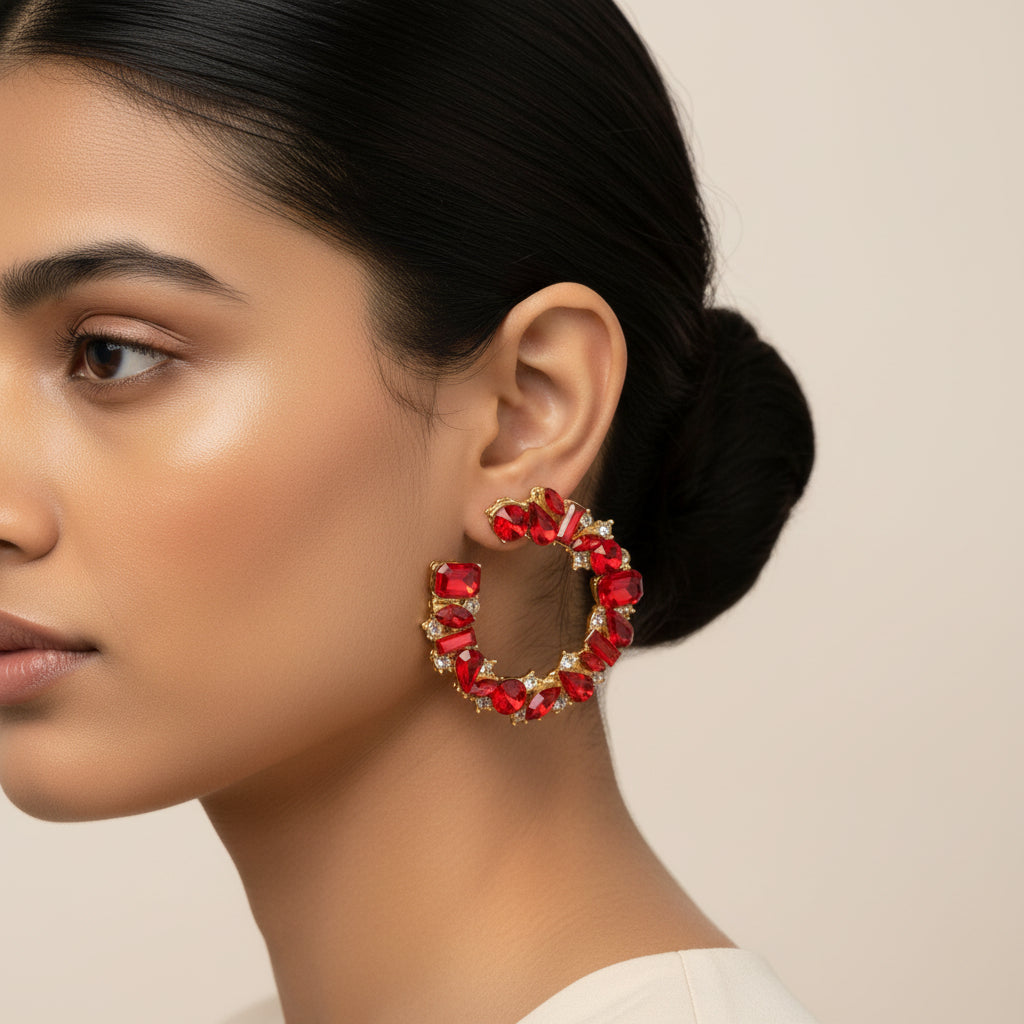Polish Bead- Stone studded stud earrings(Red)