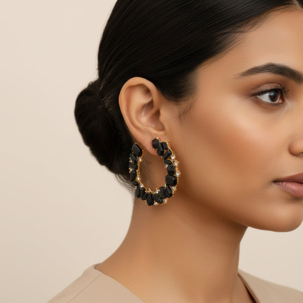 Polish Bead- Stone studded stud earrings(Black)