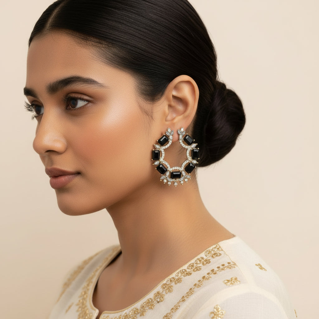 Polish Bead- Stone studded stud earrings(Black)