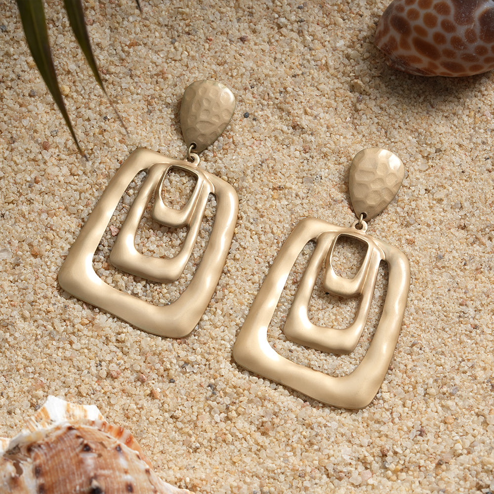 Misty Bloom- Geometrical matte golden dangler earrings
