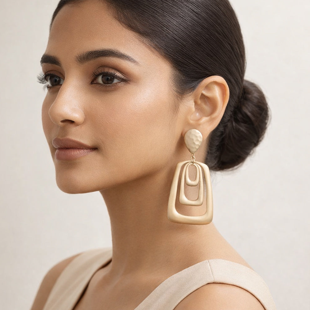 Misty Bloom- Geometrical matte golden dangler earrings
