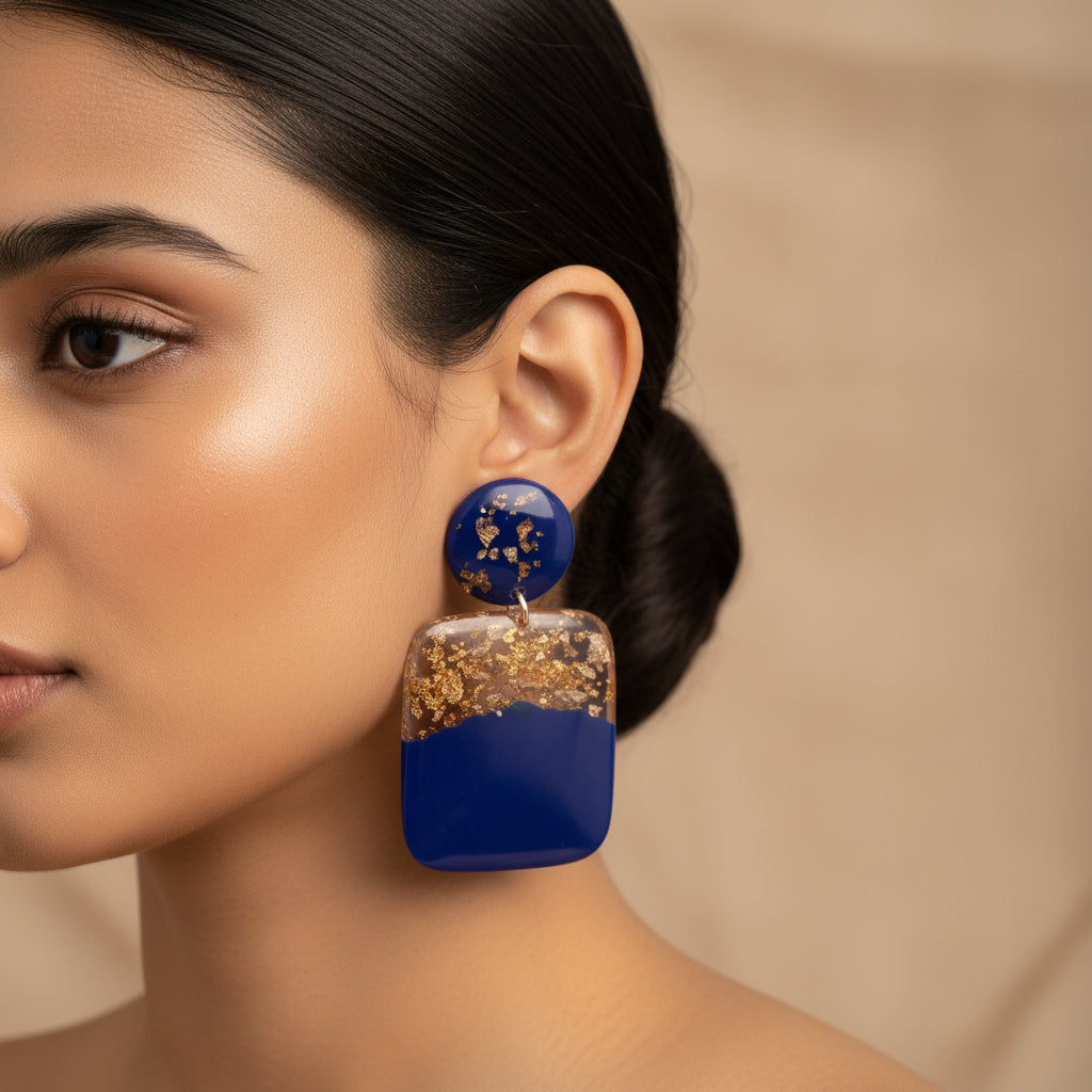 Wave Whispers- Blue and golden dangler earrings