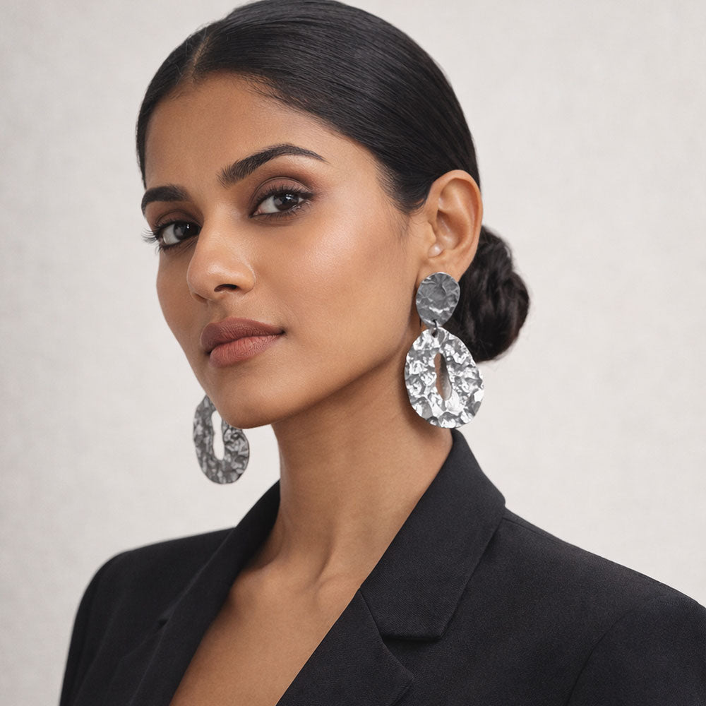 Lunar Glow- Metallic silver dangler earrings