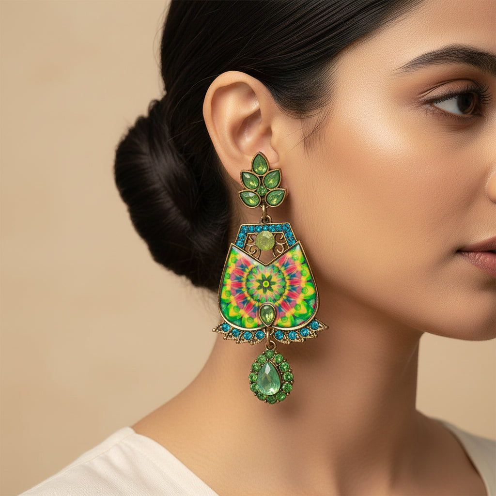 Grace in green- Hand painted dangler earrings