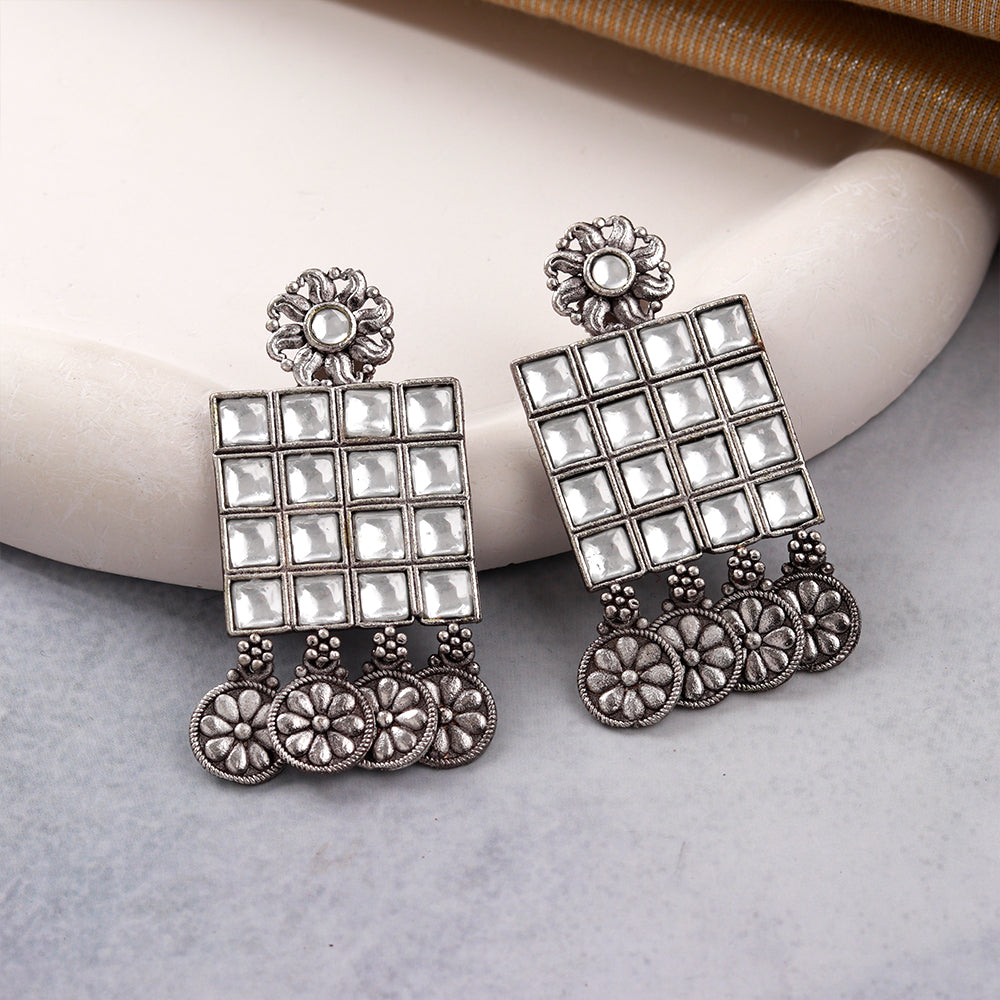 Gorgeous grid- Stone studded square shaped dangler earrings