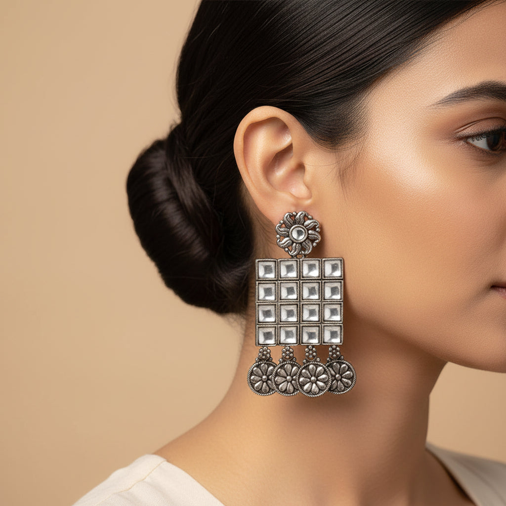 Gorgeous grid- Stone studded square shaped dangler earrings