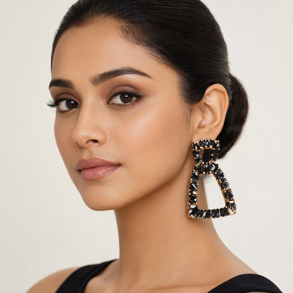 Pop Thread- Stone studded dangler earrings(Black)